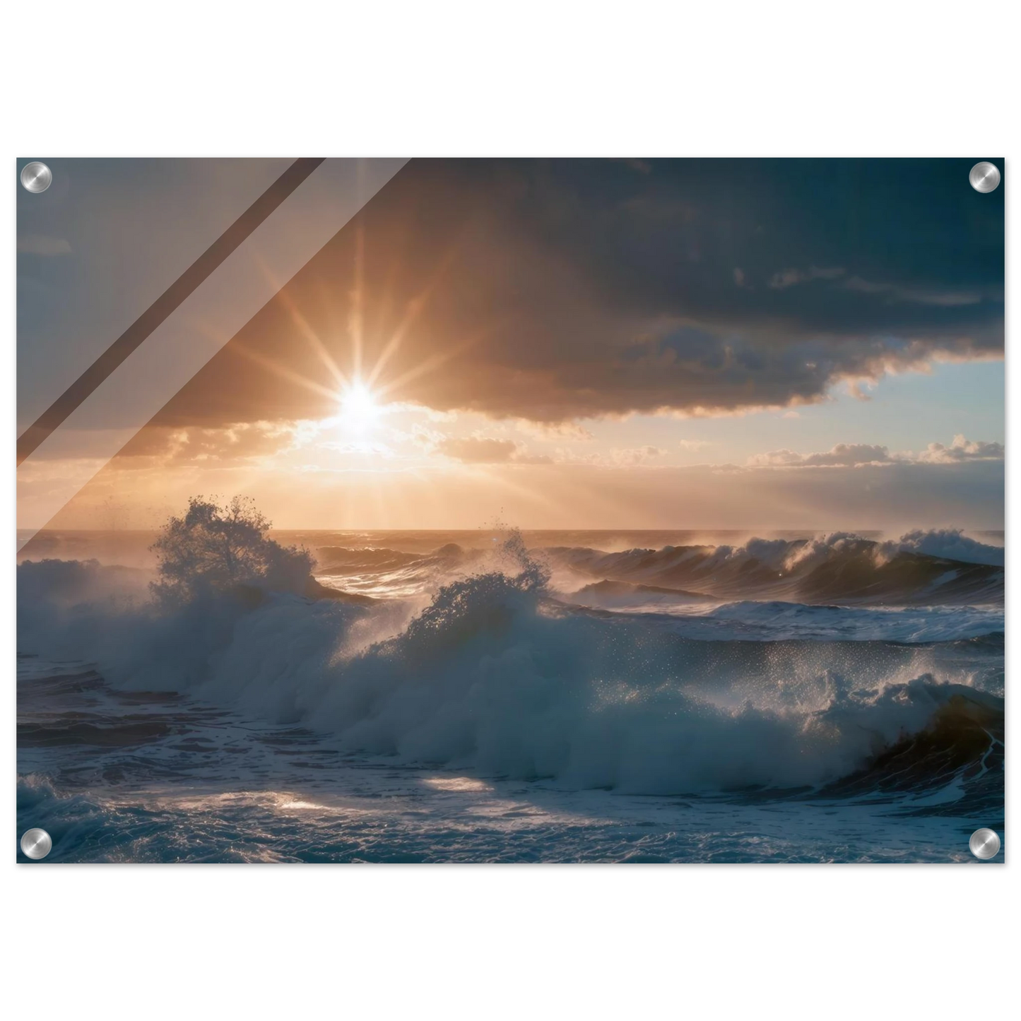 Wandbild dramatischer sonnenuntergang ueber stuermischen wellen ozean leinwanddruck in ihrer wunschgroesse