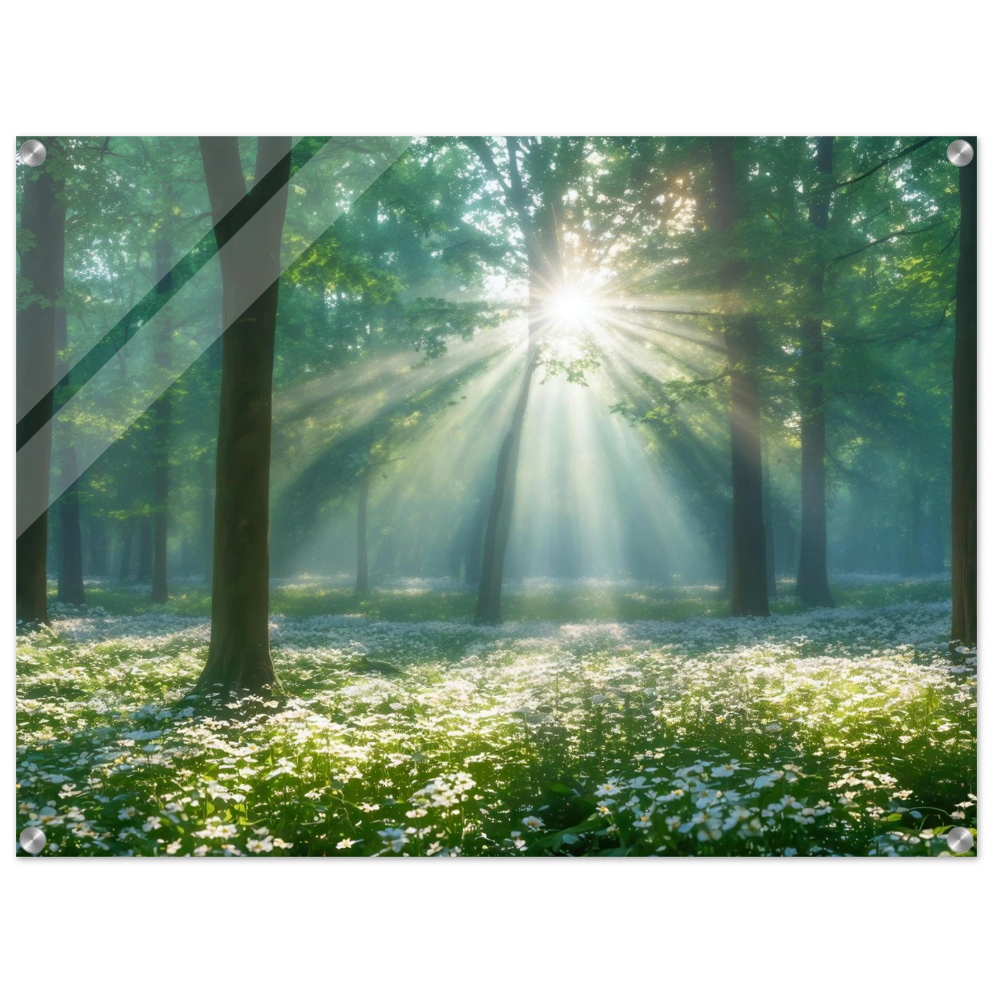 Wandbild mystischer wald sonnenstrahlen im gruenen bluetenmeer