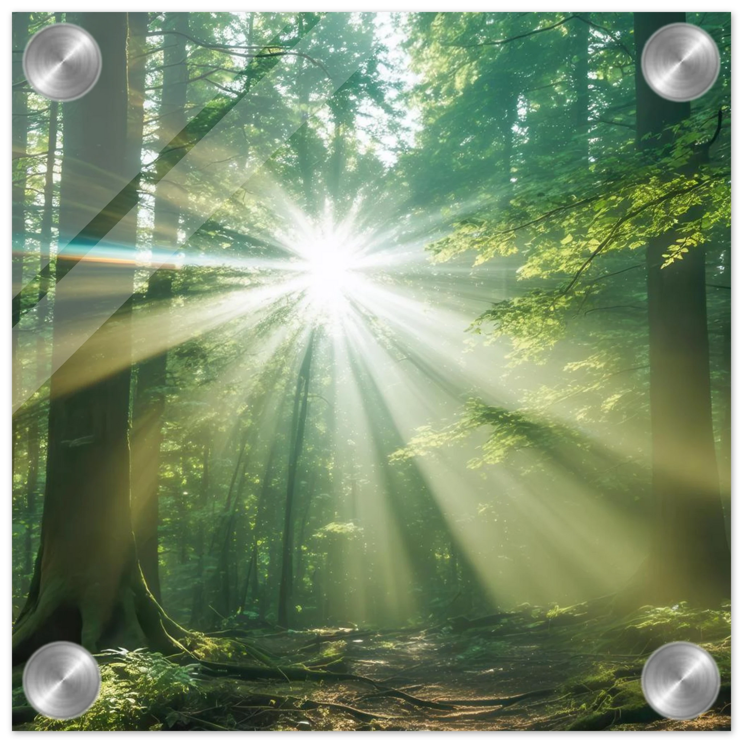 Wandbild sonnenstrahlen im wald mystisches waldlicht kunstdruck in ihrer wunschgroesse