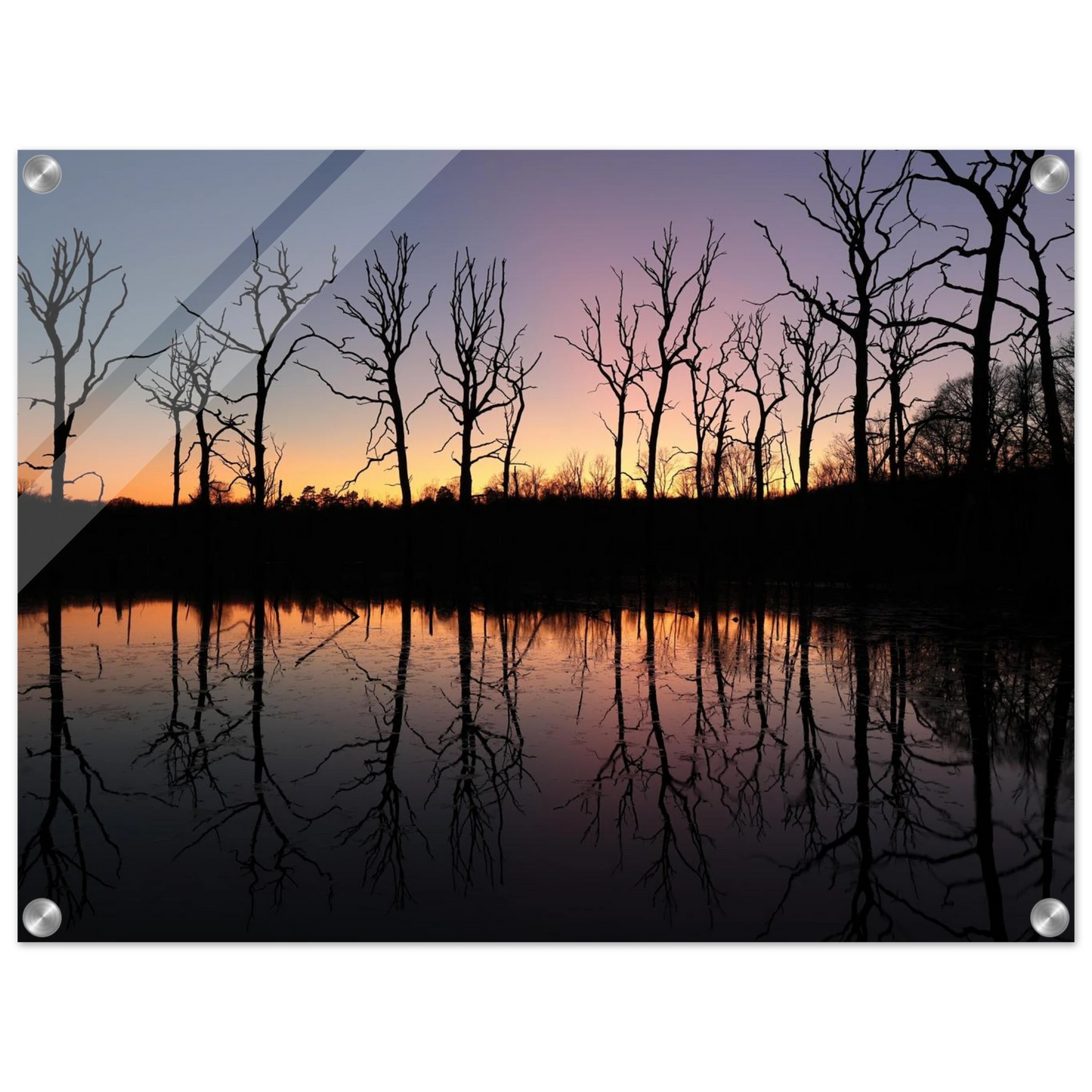 Wandbild sonnenuntergang ueber spiegelndem see magische naturlandschaft mit silhouetten