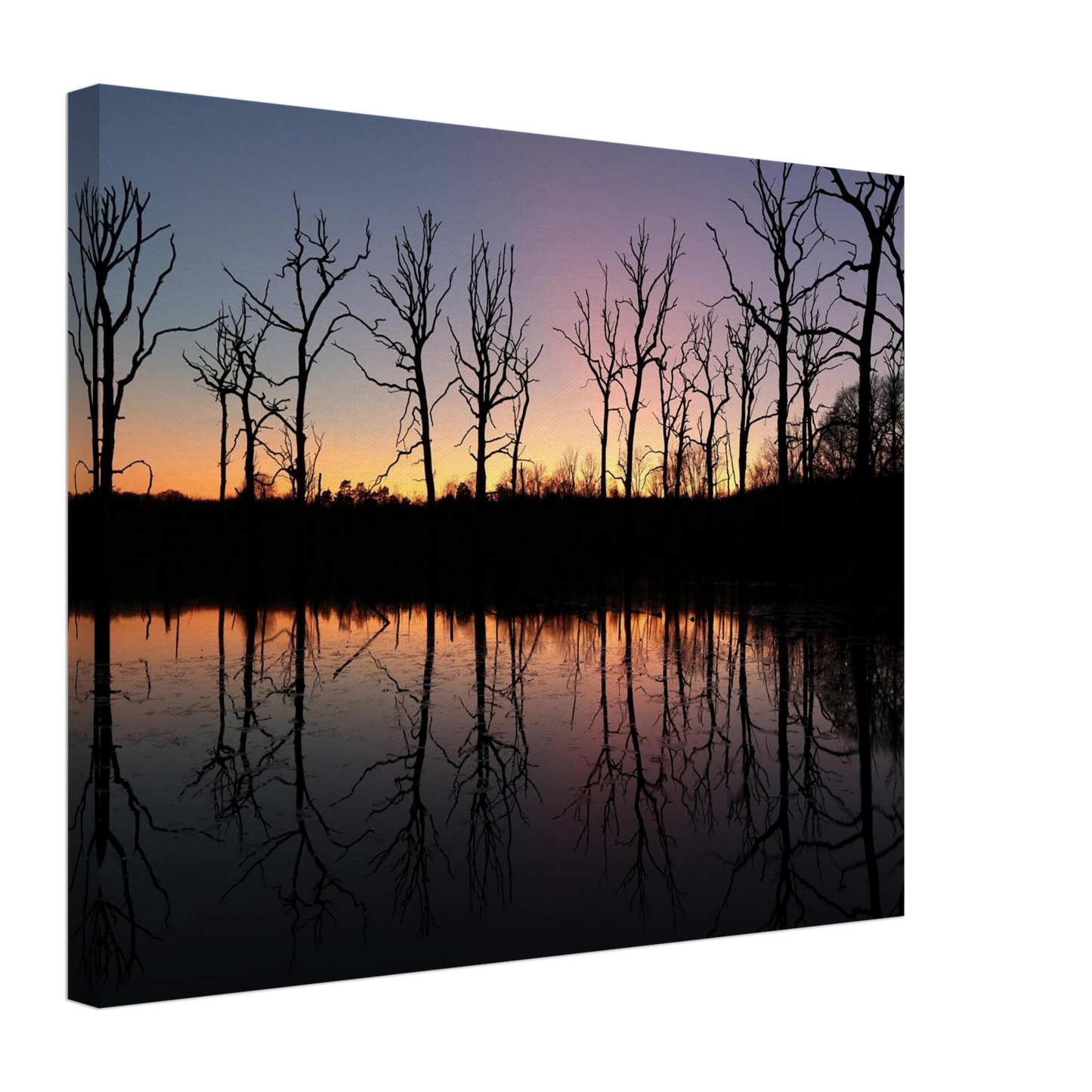 Wandbild sonnenuntergang ueber spiegelndem see magische naturlandschaft mit silhouetten
