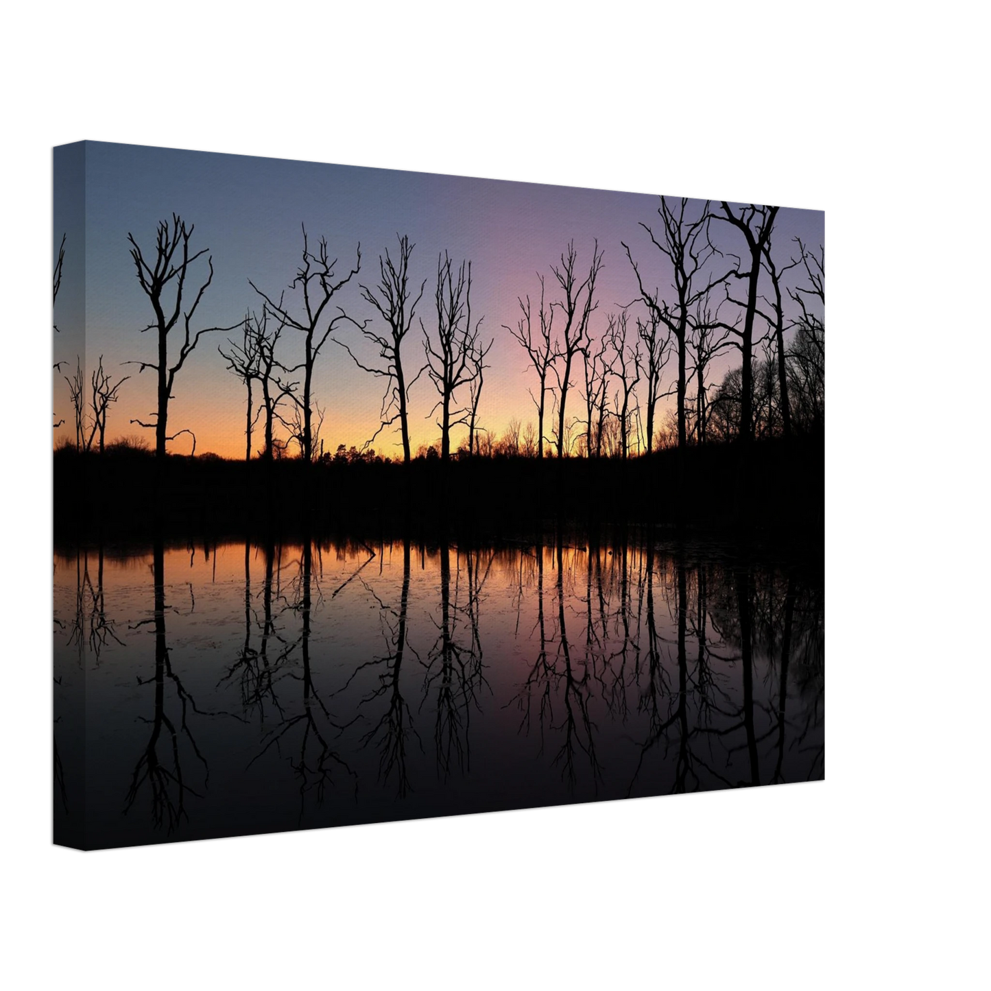 Wandbild sonnenuntergang ueber spiegelndem see magische naturlandschaft mit silhouetten
