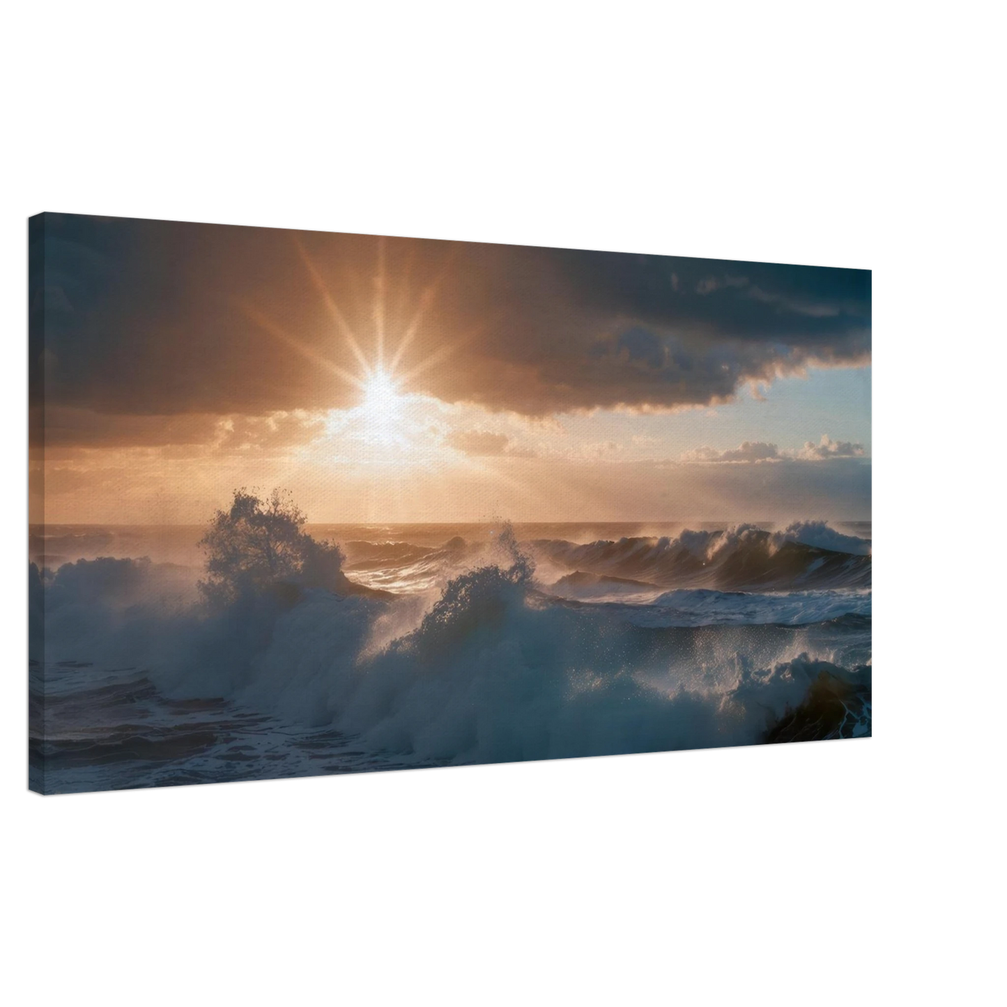 Wandbild dramatischer sonnenuntergang ueber stuermischen wellen ozean leinwanddruck in ihrer wunschgroesse