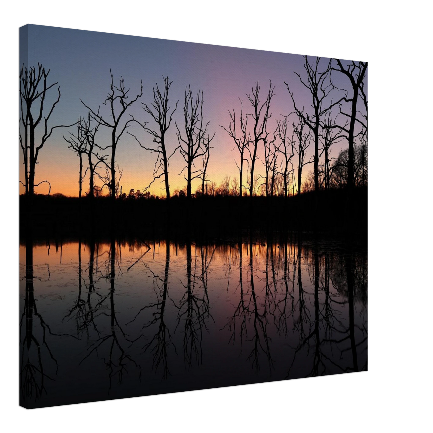Wandbild sonnenuntergang ueber spiegelndem see magische naturlandschaft mit silhouetten