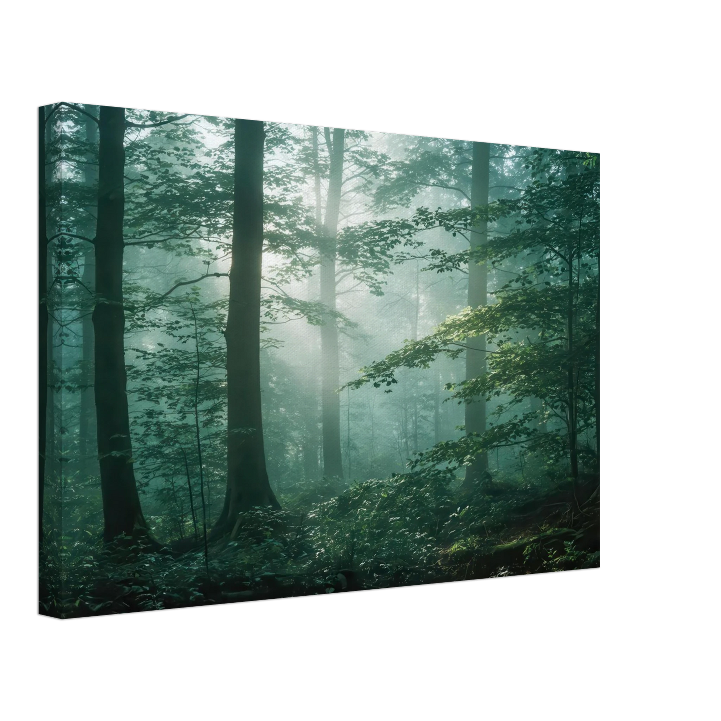 Wandbild mystischer smaragd wald mit sonnenstrahlen beruhigende nebelwald kunst in ihrer wunschgroesse