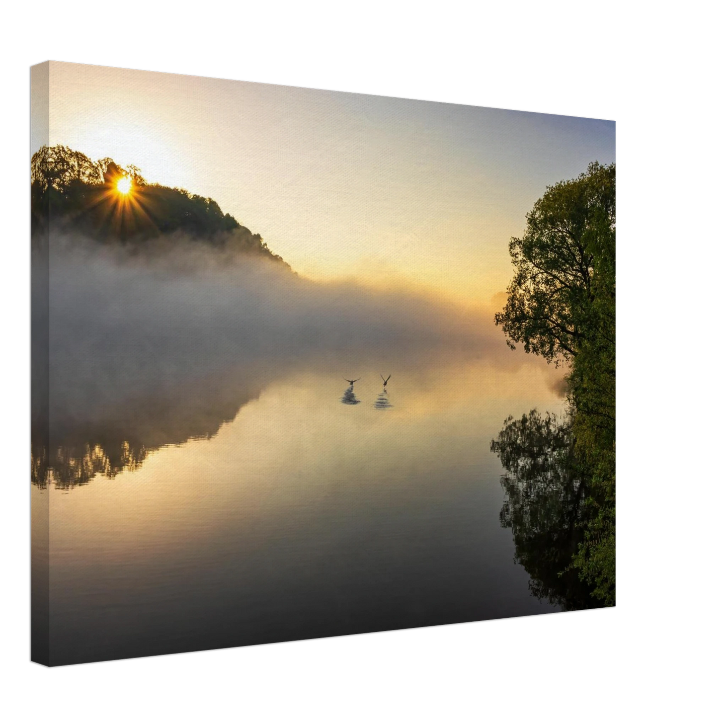 Wandbild mystischer sonnenaufgang ueber dem nebelmeer stille wasser voegel leinwandbild fuer ihr zuhause