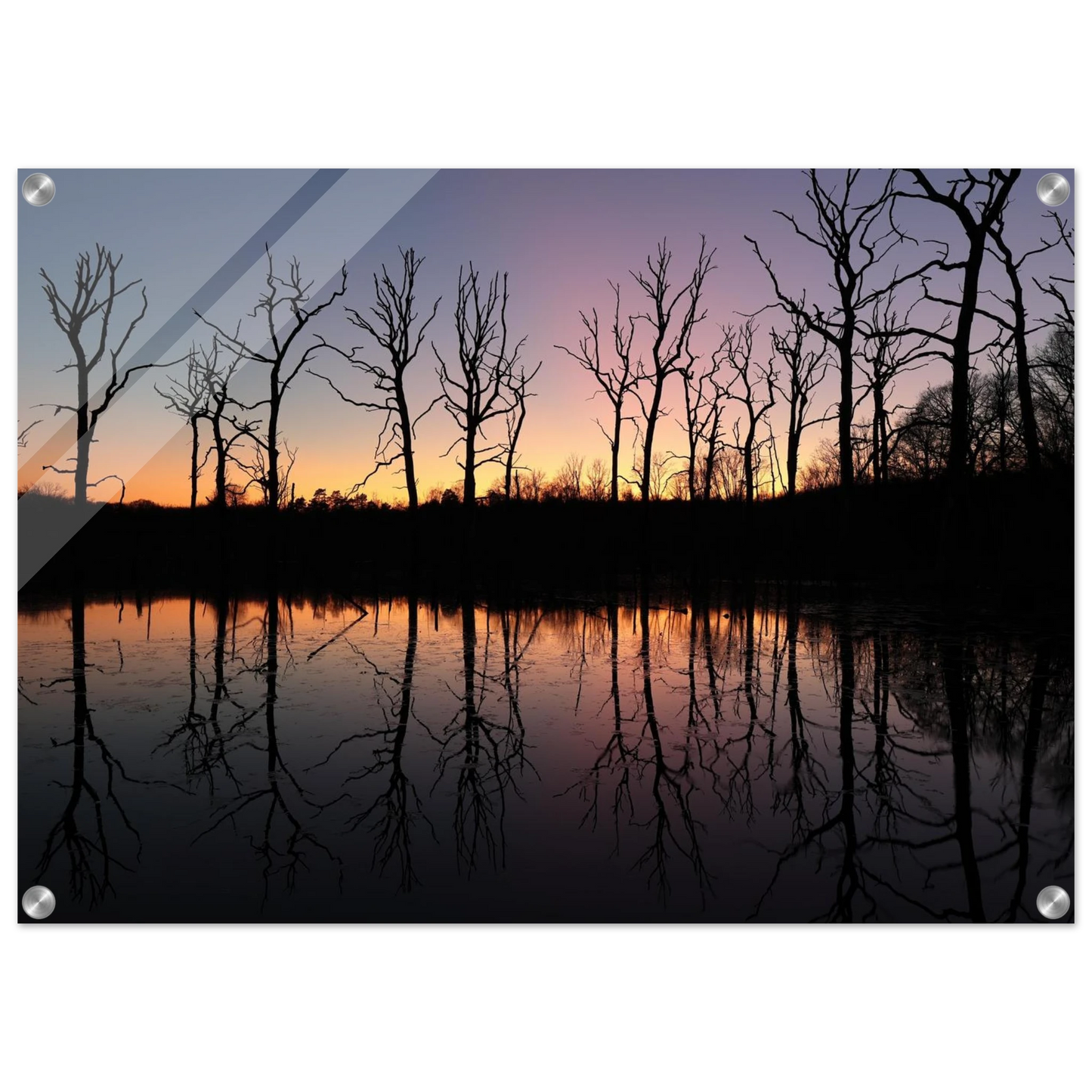 Wandbild sonnenuntergang ueber spiegelndem see magische naturlandschaft mit silhouetten