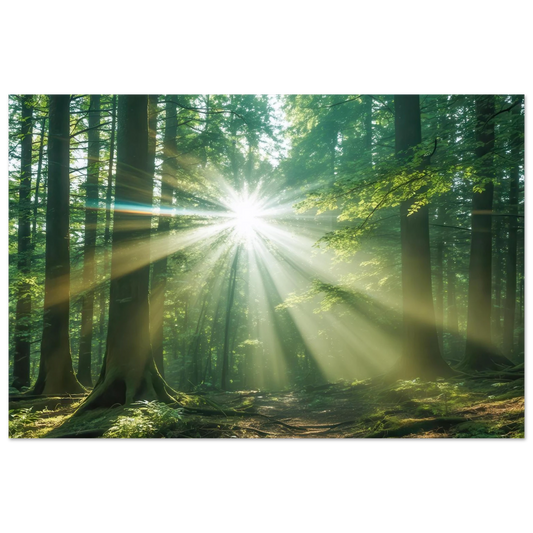 Wandbild sonnenstrahlen im wald mystisches waldlicht kunstdruck in ihrer wunschgroesse